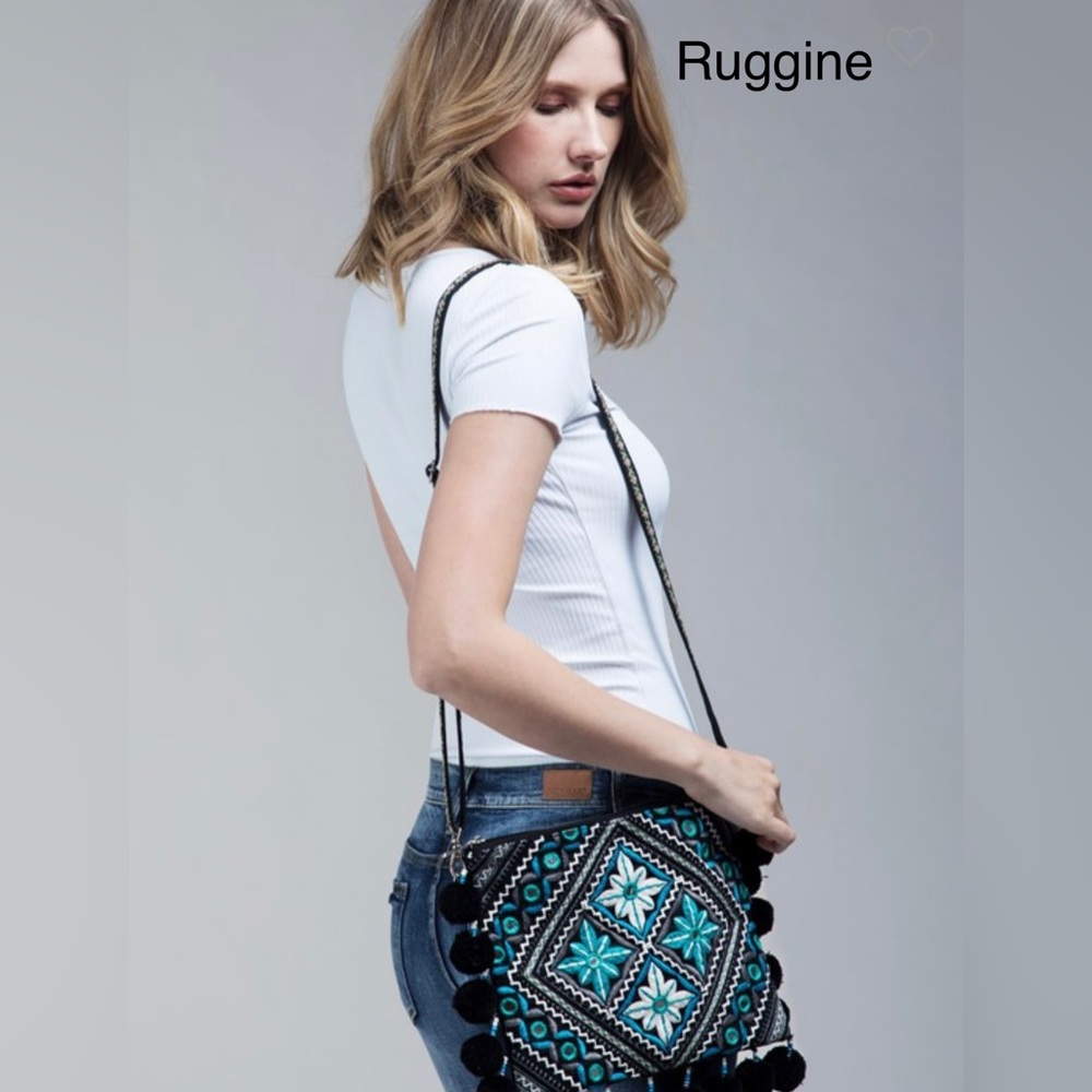BUC🖤💙Ruggine HANDMADE crossbody bag w/mirror accents+black pom-pom
accents! - Picture 2 of 6